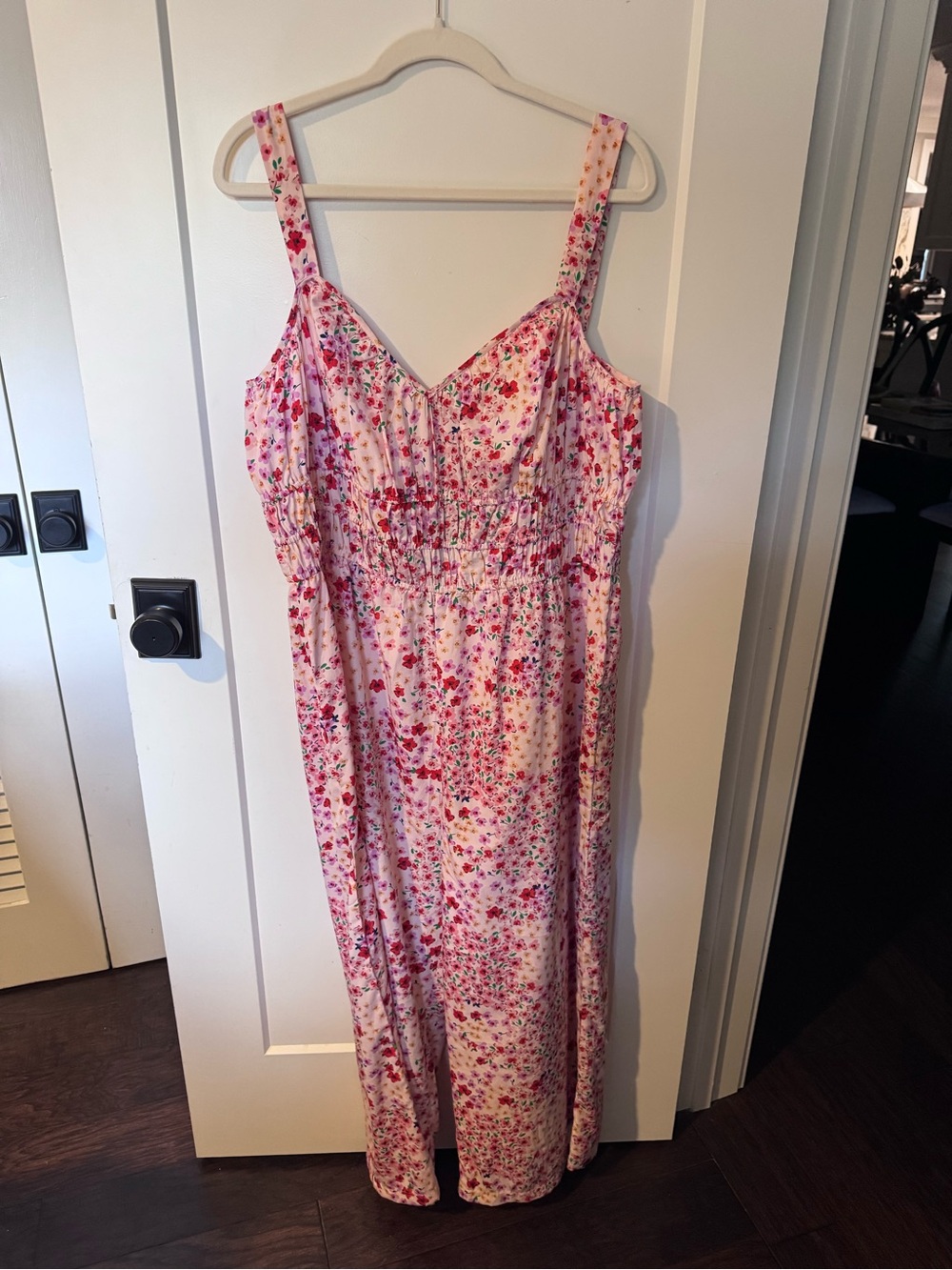 Pink Floral Sundress Jumpsuit with Smocked Waist